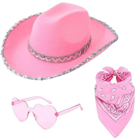 Yuemeuy Cowboy Hut Damen, Western Cowboyhüte, Filz-Cowgirl-Hut Mit Bandana, Filz Cowboyhut Mit Herzbrille, Rosa Cowboyhut, Cowgirl Hut Pink Glitzer Cowgirl Hut Karneval Kostüm Zubehör