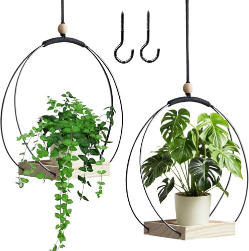 RZXBB Hängende Pflanzen Topf Mit Holzsockel, Blumenampel Hängend Innen,Hängeampel Pflanzen,Hängetopf für Pflanzen,Blumenampel Innen,Aufhängehaken Inklusive,Decke Hängende Pflanzer (2 Stück)