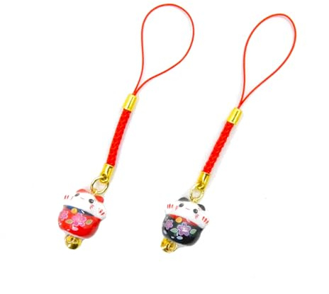 WONDERFUL Set de 2 Llaveros Maneki-Neko, Gato de la Suerte Japonés, Cerámica con Cascabel, Cuerda Multicolor