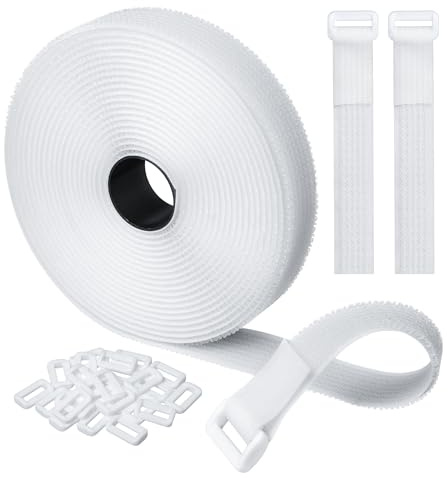 Vatiyszk 5m Adjustable Cable Straps with 25 Buckles, Reusable Fastening Cable Ties, Free Cut Length, White Hook and Loop Cinch Straps for Cable Tidy, Wire Management, Cord Organiser, 2.5cm Wide