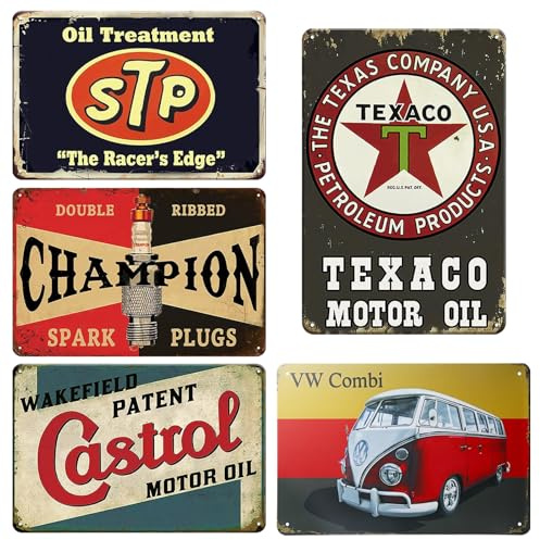 GOEDCH Targa in metallo retrò per garage, decorazione: set da 5 targhe vintage in metallo, 20 x 30 cm, design vintage, stile nostalgico, targa in metallo, decorazione da parete rustica per officina