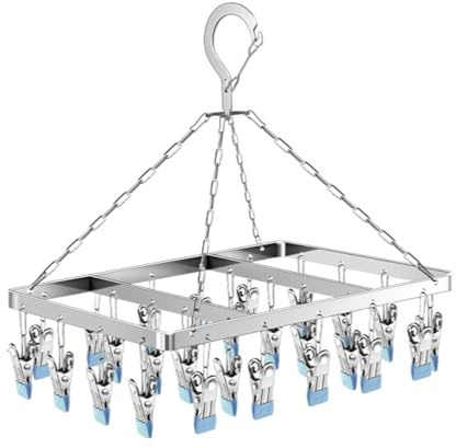 Antivento pieghevole rettangolare stendino, Clip in acciaio inox stendino per calzini con 23 clip, Stendibiancheria Con Gancio Girevole, Antivento, Per Calze, Biancheria Intima(26 mollette) (blu)