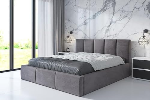 A&J MöbelLand Polsterbett 180x200 mit Bettkasten und Lattenrost – KENET, Bett mit Matratze und Stauraum in Grau