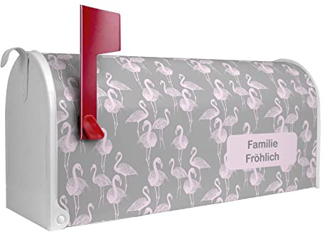 banjado® Amerikanischer Briefkasten - US Mailbox/Letterbox mit Motiv Flamingos Blass 51x22x17cm - Postkasten Stahl aus Amerika – Briefkasten amerikanisch weiß pulverbeschichtet