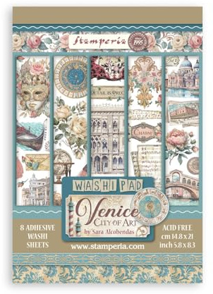 Stamperia - Washi Pad for Scrapbooking, Albums, Card Making, Bullet Journalling and More, Translucent and Easy to Cut, Acid Free, Perfect for Crafts and Gifting (Venice, City of Art) (A5) (8 Sheets)