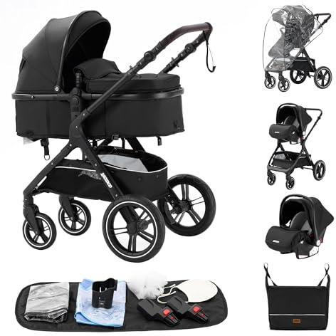 ALYIKOU-Carrito de bebé 3 en 1 - Adecuado para 0-3 años, Ligero y Cómodo para Bebés y Niños - Ideal para Viajes y Diario - Con el bolso de mamá,Cubierta de lluvia, portavasos, adaptadores