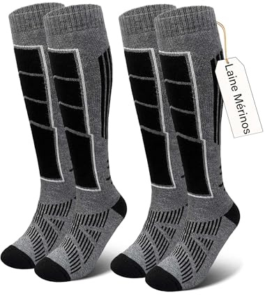 Vebroert Merino Wool Ski Socks - 2 Pairs Mens Knee-high Thermal Winter Warm Skiing Long Socks for Snowboarding Cold Weather Grey Size 9-12