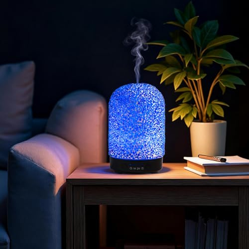 VOREEN Aroma Diffuser mit Manuell Aufgeklebtem Mosaikglas – Ultraschall Duft Vernebler für Ätherische Öle mit LED Licht & Timer – Raumduft Diffusor für Schlafzimmer Büro