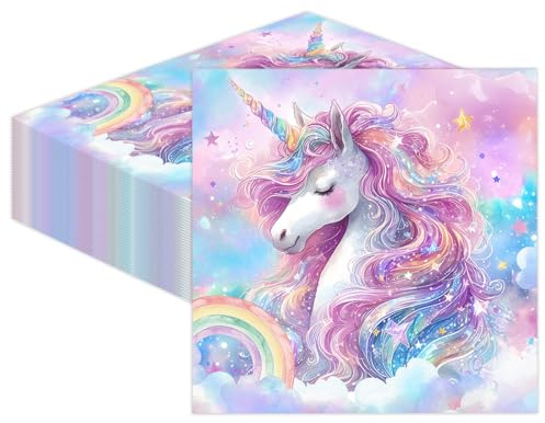 Glamifyr 40 Stück Einhorn Servietten Kindergeburtstag,Servietten Mädchen,Einweg Papierserviette,Einhorn Partydekorationen,für Babypartys Mädchengeburtstagsparty Zubehör(33x33cm)