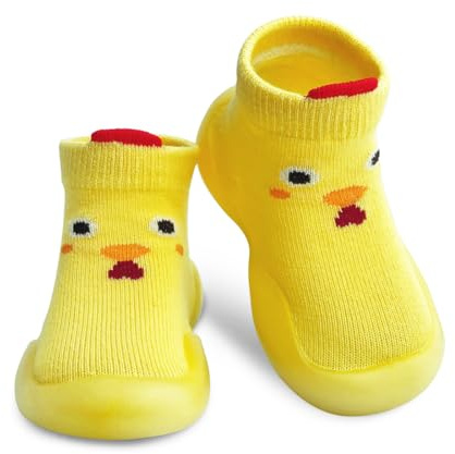 KEWUF Scarpine Prima Infanzia, Scarpine per Gattonare, Calzini Scarpe Primi Passi Neonato, Bambini Scarpe, Suola Morbida Antiscivolo, Adatto a Bambini di 6-8 Mesi (Giallo, Pulcino, Taglia 18/19)