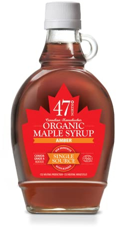 47° North Jarabe de arce orgánico canadiense, AMBER Ámbar – aromático, 250g, Fuente única, Grado A, Sin gluten, Vegano, Sabor ligero y dulce para panqueques y más