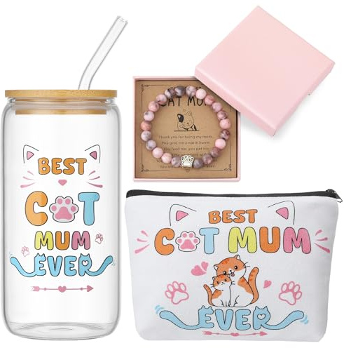 saerryor Cat Gifts for Women,16oz Glass Iced Coffee Cup,Makeup Bag Bracelet | Friendship Present Birthday Gifts for Auntie Sister Besties Cat Lovers,Drinking Cup with Lid and Straw