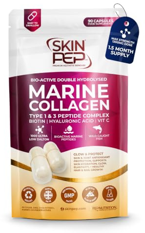 Marine Collagen Peptides - SkinPep | 90 Capsules, 1300mg Per Serving | WildCaught Bioactive 1000 Daltons | Hyaluronic Acid | VIT C | Clean & Pure, No Fillers | Collagen Supplements for Women and Men