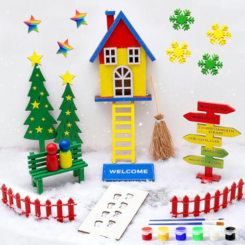 AOUMANI DIY Wichteltür set Weihnachten Komplett, Wichteltür Set Mit Sechsfärbige Farben Wichtel Zubehör Weihnachten, Miniatur Zubehör, Weihnachtsdekoration Zäun, Kranz