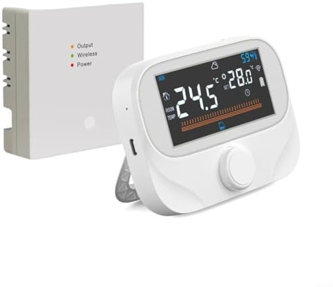 Termostato programmabile RF Boiler, ABS+PC con controllo RF wireless, compatibile con l'app Tuya Smart per controllo remoto, funzione timer, manopola per controllo preciso della temperatura