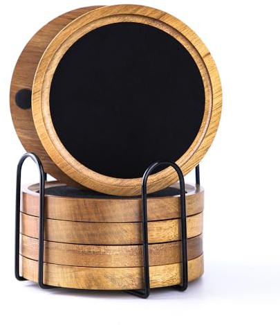 HALE OTEIR Posavasos de madera y fieltro para vasos, juego de 6 unidades, madera de acacia, posavasos de cristal con soporte, posavasos de fieltro para bebidas, bar, tazas, vidrio