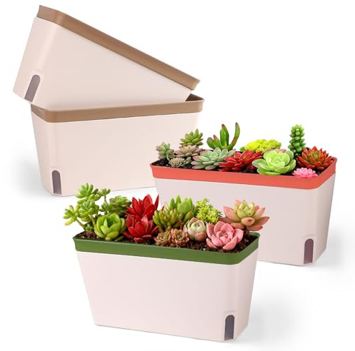 lalago 4 Piezas Autorriego Maceta, 27cm Maceta de Plástico Rectángulo, Jardinera de Riego, con Ventana de Nivel de Agua y Bandeja Oculta con Orificio de Drenaje (Colorido)
