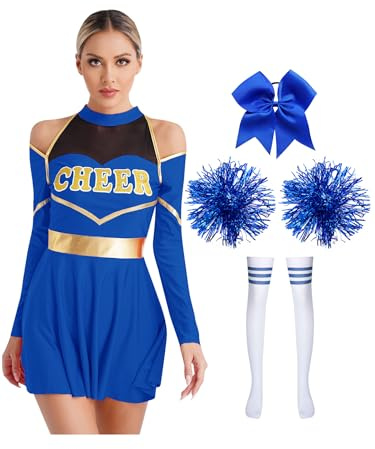Moggemol 4 Stück Erwachsene Damen Cheer Leader Kostüm Langarm High School Musical Cheerleading Uniform Mit Pompons Socken Haarband Karneval Cheer Outfit Fasching Party Königsblau B S