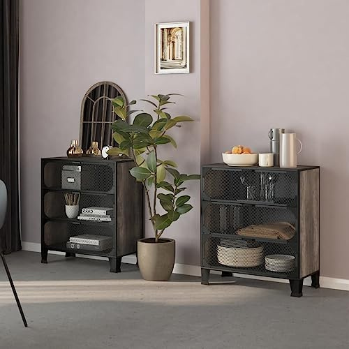 XHNIFBN Lagerschränke 2er Set 72x36x82 cm Metall MDF Maschengitter Urban Industrial Loft Stauraum für Büro Keller Flur Schlafzimmer
