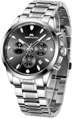 MEGALITH Waterproof Mens Watches Chronograph: Silver Stainless Steel Analogue Watch - Dress Business Style Wristwatch with Luminous Date Gifts for Gents