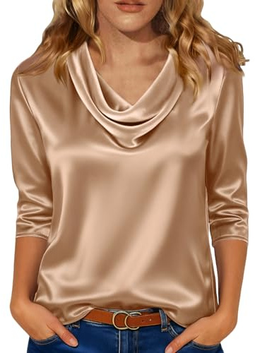Satin Tops Blouses for Women UK 3/4 Sleeve Silk Ladies Tops Cowl Neck Top Elegant Casual Business Shirts Khaki Blouse L 16