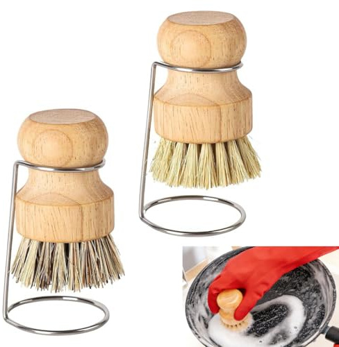 2Sets Bamboo Palm Brush with 2 Drain Racks,Bamboo Dish Pot Pan Brushes,Wooden Washing Up Brush for Washing Dishes Cutlery Cast Iron Pots Pans Sink Cleaning
