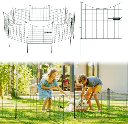 ISOISL Teichzaun Set, Gartenzaun Metall 8 Paneele + 2 Tor, mit Türschloss, Gesamtlänge 7,74 m (64cm H x 77.5cm B), Unterbogen, Grüner Gitterzaun als Hundezaun, Beetzaun, Hofeinfassung