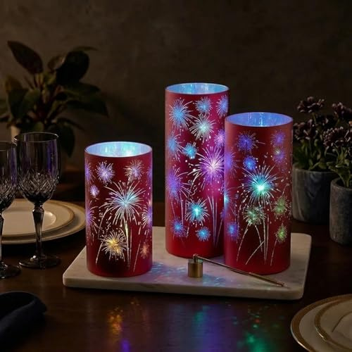 Set of 3 Celebration Hurricanes - Etched Firework Starburst Glass Pedestals with Warm White LED Lights, Twinkling Decorative Centerpiece for Mantel, Dining Table, Wedding & Holiday Décor(Red)