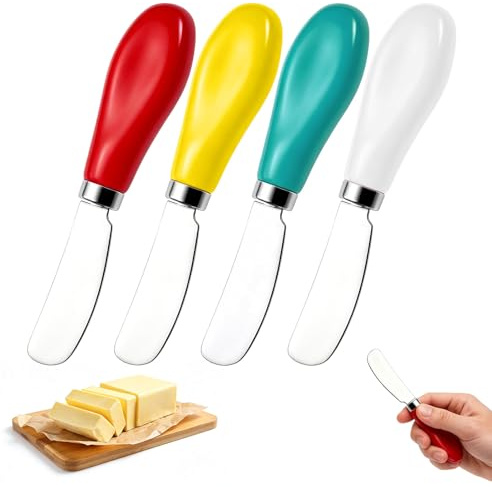 Lilyphon Butter Knife 4PCS Stainless Steel Butter Knives with Ceramic Handle, 13.2 * 1.7cm Butters Knife Spreader for Spreading Butters, Jam, Cream Cheese(White & Yellow & Red & Cyan)