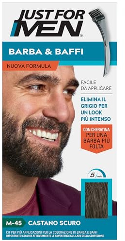 Just For Men Barba & Moustache Teinture pour homme à la kératine, pour une barbe plus dense, teinture sans ammoniaque, élimine les poils gris, avec peigne applicateur, couleur châtain foncé, M45