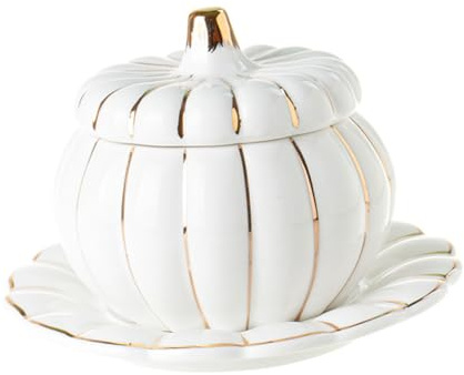 SHINEOFI Set di Ciotole in Gres a Forma di Zucca con Coperchio Dorato, Design Giapponese per Zuppa, per Cucina e Decorazioni di Halloween