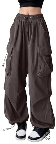 Pantalones cargo para mujer con cordón en la cintura, bolsillos, pierna ancha, ajuste holgado, estilo cómodo para viajes, trabajo, playa, descanso y trajes de vacaciones, marrón, 5XL