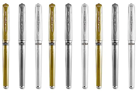 Uni Ball Farblich Sortiert, Metallic, Breite Signo Gel-Tintenroller, 1,0 mm Spitze, Spitze 0,3 mm Strichbreite mit Gummimanschette UM 153-3 Stück Je Farbe: Gold, Silber, Weiss, 9 Stück)