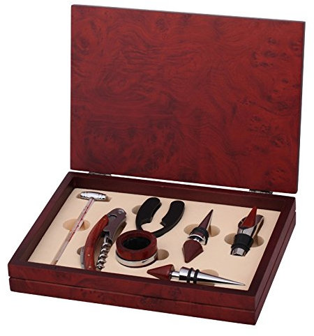 Wine Essentials Gift Set, with Wine Bottle Opener, Two Stylish Bottle Stoppers, Drip Collar, Wine Pourer and Wine Thermometer in Wooden Presentation Box
