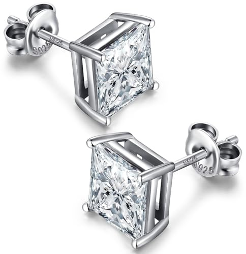 Pendientes de botón plata de ley 925 con circonita cuadrado y diamante simulado corte princesa para mujer y hombre 6mm
