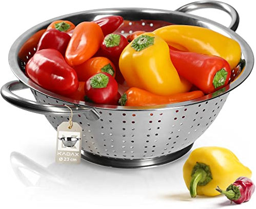 KADAX Colador de Pasta de Acero Inoxidable, Escurridor, Colador de Cocina con dos Asas y una Base Estable, apto para lavavajillas (24,5 cm)