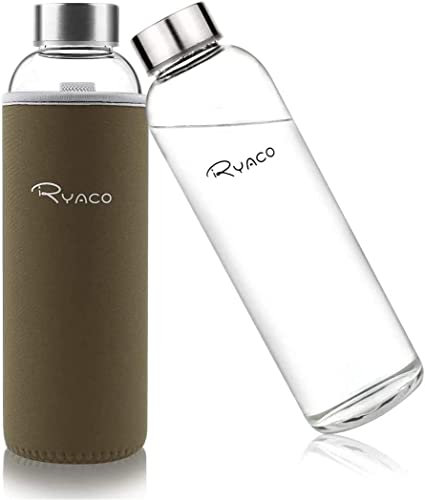 Ryaco Botella de Vidrio 550 ml/18oz, Botella de Vidrio de Borosilicato con Cubierta Protectora para Bebidas Frías y Calientes,sin BPA,con Cepillo de Esponja