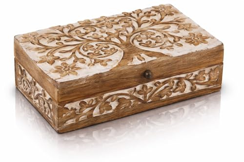 Tolles Geburtstagsgeschenk, handgefertigt, dekoratives Schmuckkästchen Holz, Baum des Lebens, geschnitzt, Schmuck, Organizer, Andenken, Schatztruhe, Schmuckhalter, Uhrenbox, Aufbewahrungsbox (White)