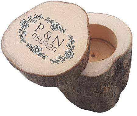 Ringkissen/Ringbox aus Holz mit Schiebedeckel + persönlicher Gravur | Hochzeit | Schatulle | Etui für Eheringe (Motiv 07 - Kranz + Initialien)