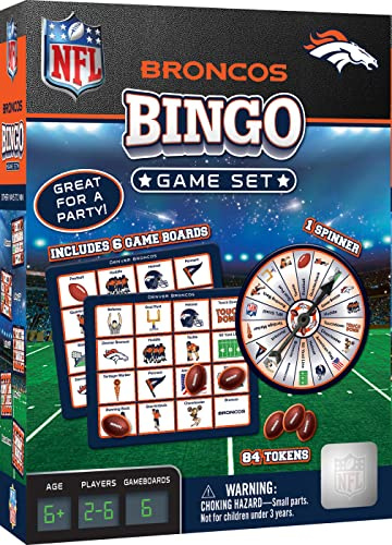 MasterPieces - NFL Bingo, Officially Licensed Denver Broncos Football Game, Set Includes Spinner, 84 Custom Chips, 6 Bingo Cards, Family & Party Fun for 2-6 Players