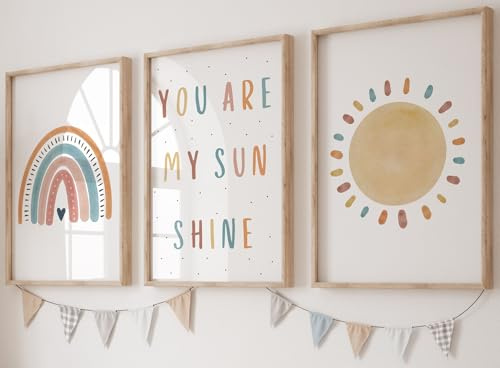 Eviepops Prints You Are My Sunshine – 3er Set ungerahmte Poster, Boho Wanddeko für Baby- & Kinderzimmer, Regenbogen & Sonne, A3