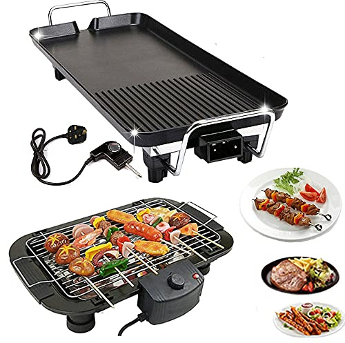 DayPlus Electric Teppanyaki Grill, 1500W Smokeless Indoor/Outdoor BBQ, 5 Gear Temperature Control, Non-Stick Hot Plate, Black, Stainless Steel