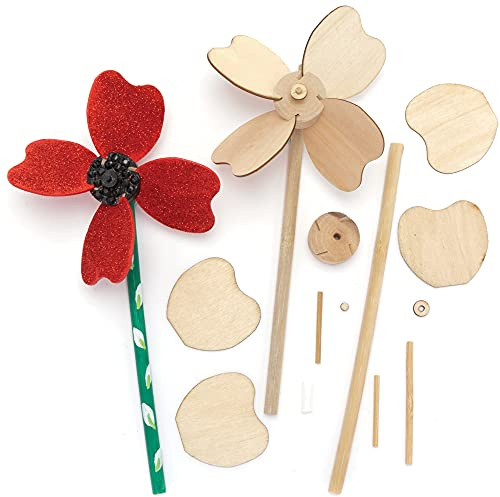 Baker Ross FE844 Bastelset Windrad mit Mohnblumen-Design, Windräder für den Garten, kreiere dein eigenes Windspiel aus Holz, Projekt für Kinder, Basteln, Dekorieren und Präsentieren, 4 Stück