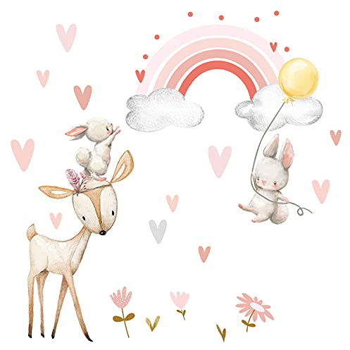 Little Deco Wandtattoo Wandsticker Kinderzimmer REH Hasen I Wandbild 160 x 108 cm (BxH) I Regenbogen Wandaufkleber Blumen Spielzimmer Mädchenzimmer Baby Deko DL715