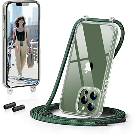 GOODVISH Handykette für iPhone 13 Pro Hülle mit Band, Dunkelgrün | Kameraschutz und Bildschirmschutz, Transparent Necklace Handyhülle Schutzhülle für Umhängen Case mit Kordel 6.1
