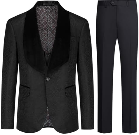 Allthemen Men's Suits 3 Piece Prom Wedding Tuxedo Suit for Men Shawl Lapel One Button Blazer Waistcoat Trousers Black 3XL