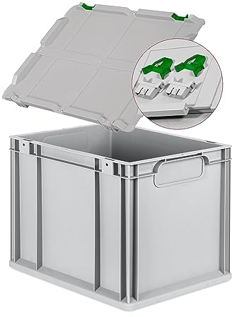 Eurobox NextGen Economy 40x30x32cm Griffe geschlossen mit Scharnierdeckel grau, Kunststoffbox 30 Liter stapelbar Transportbox, Campingbox Farbe Deckel-Verschlüsse wählbar (Verschlüsse Grün)