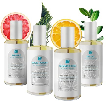 LionFlex Bio Saunaaufguss 4er Set - 100% ätherische Öle - 4 x 100 ml - Vegan & Natürlich - Saunadüfte - Saunaöle - Premium Qualität - Wellness & Aromatherapie - Vegan & ohne Zusatzstoffe