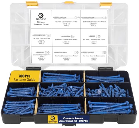 Bonost 300Pcs Concrete Screw Assortment Kit - 1/4 3/16 Concrete Screws with Drill Bit 8 Sizes - Flat & Hex Head Brick Screws for Masonry, Block and Cement