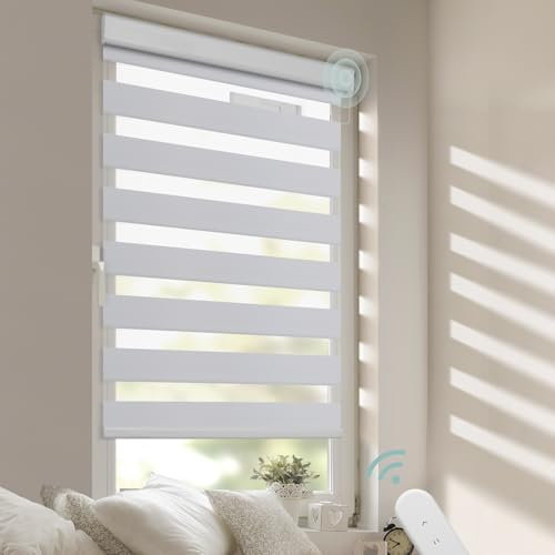 DENFOON Elektrisches Doppelrollo 110cm X 150cm, Klemmträger Für Doppelrollo, Duo Rollo mit Kassette und Fernbedienung, Höhe Stufenlos Verstellbar/Kindersicherung für Fenster